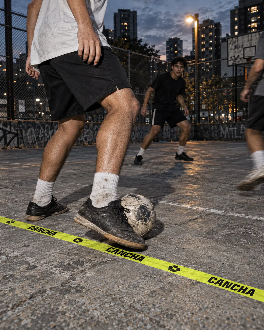 Players creating a football game on a CANCHA-marked urban court